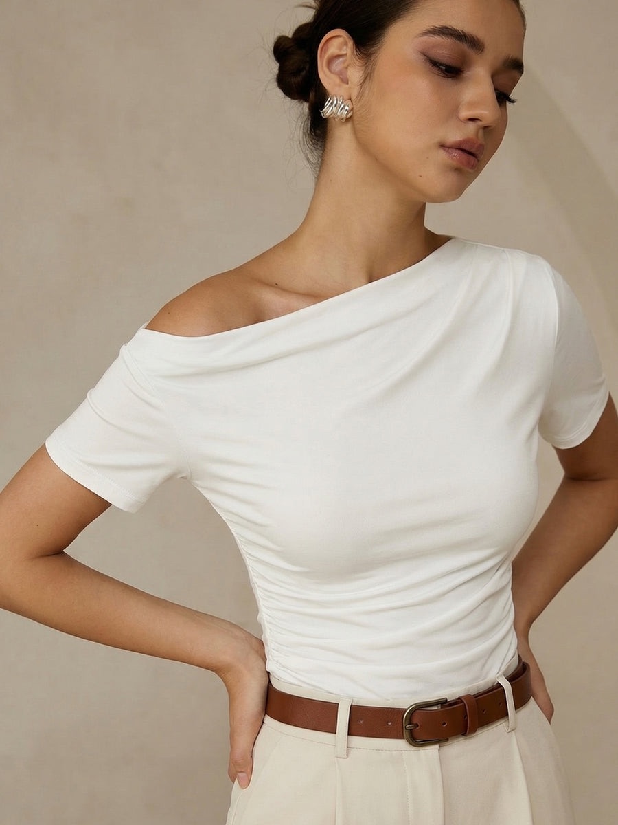 Commense Ruched Off Shoulder Slim Short Sleeve Top